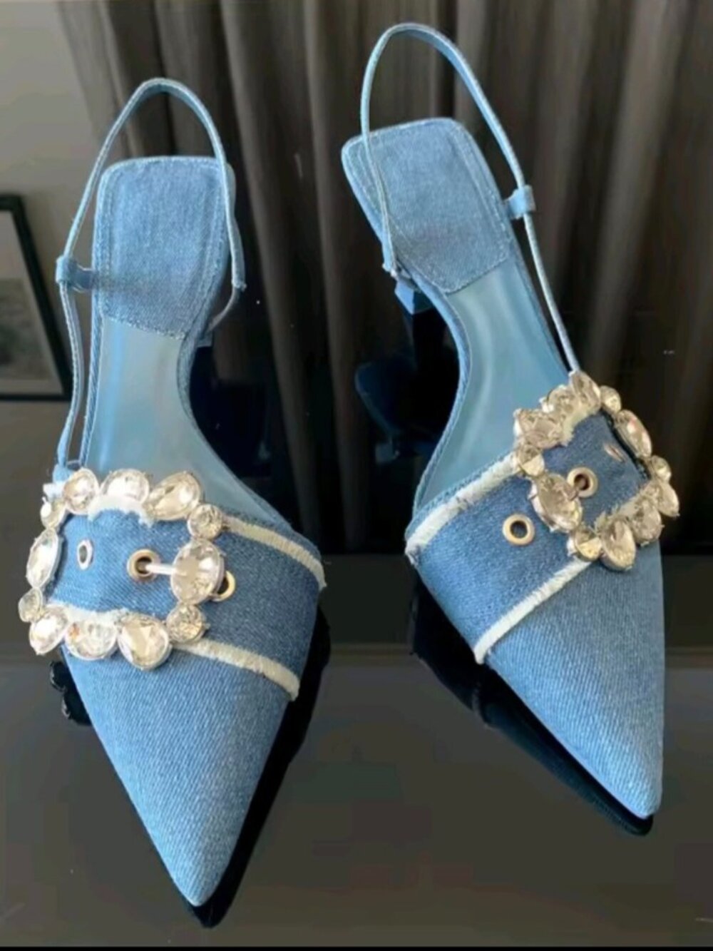 Fashion Denim Blue Rhinestone Women Pumps Wedding Bride Shoes Elegant High Heels